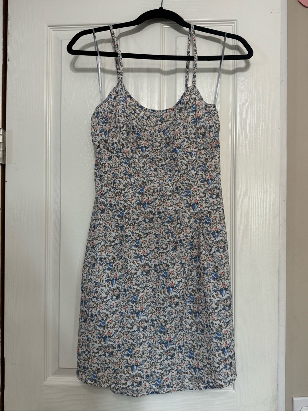 Mahina Floral Slip Dress in Blue and Cream with Coral Accents